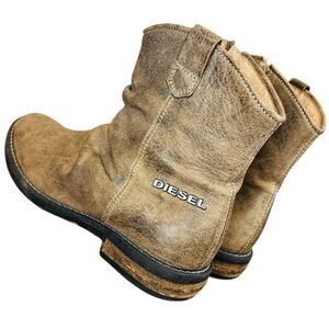 Diesel Distressed Brown Leather Ankle Boots for Women Size 4